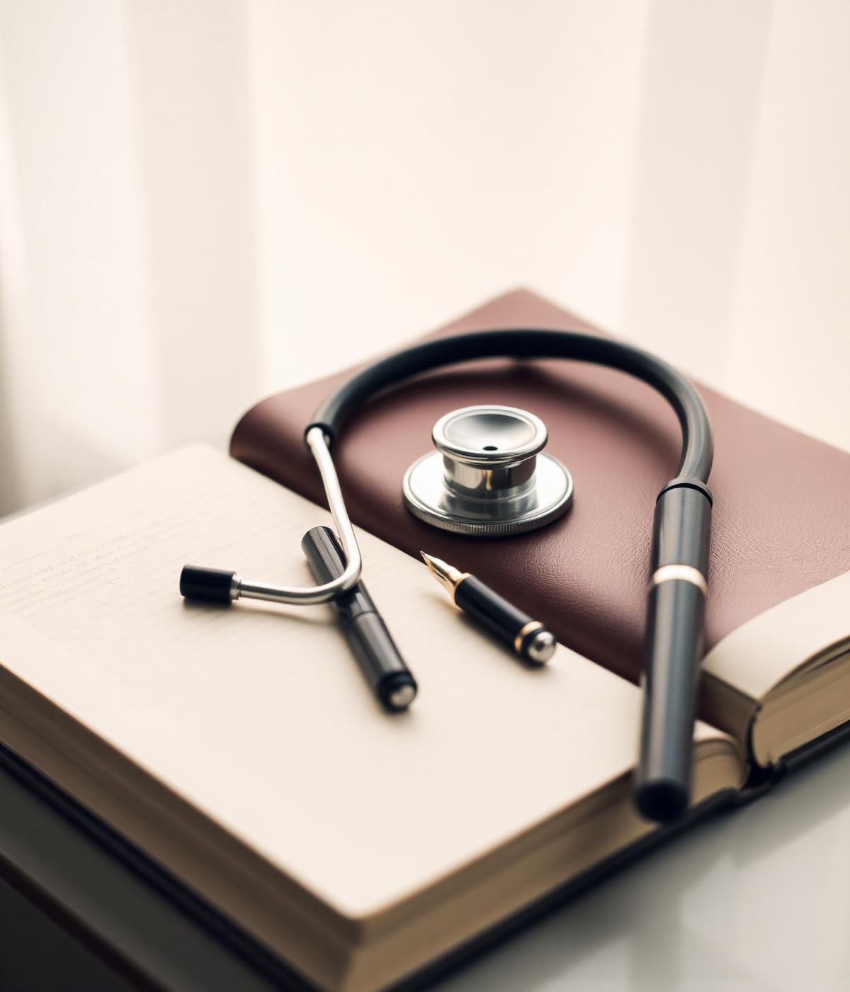A stethoscope and a fountain pen resting on an open leather journal