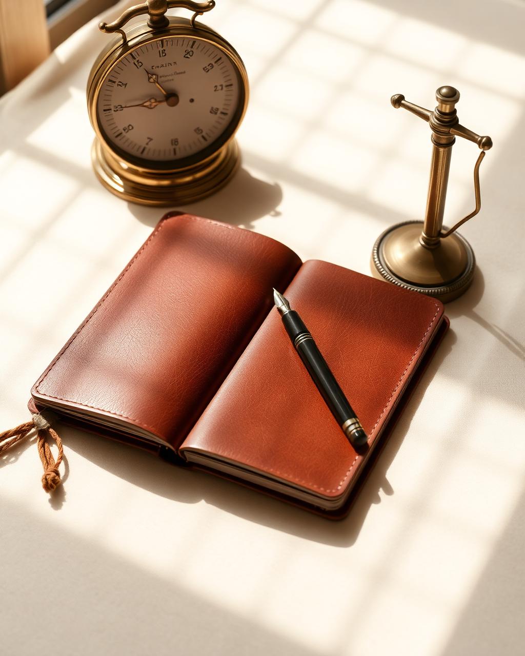 Leather notebook and brass scale on a sunlit desk
