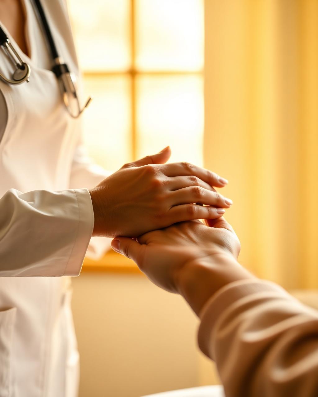 Nurse holding a patient's hand in warm window light
