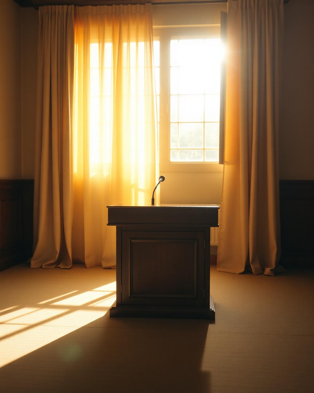 Wooden lectern in a sunlit room with cream curtains